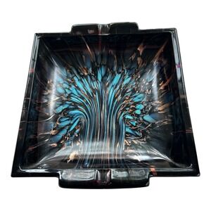 Murano Black Turquoise Aventurine Art Glass Ashtray Dish Mid Century Italy